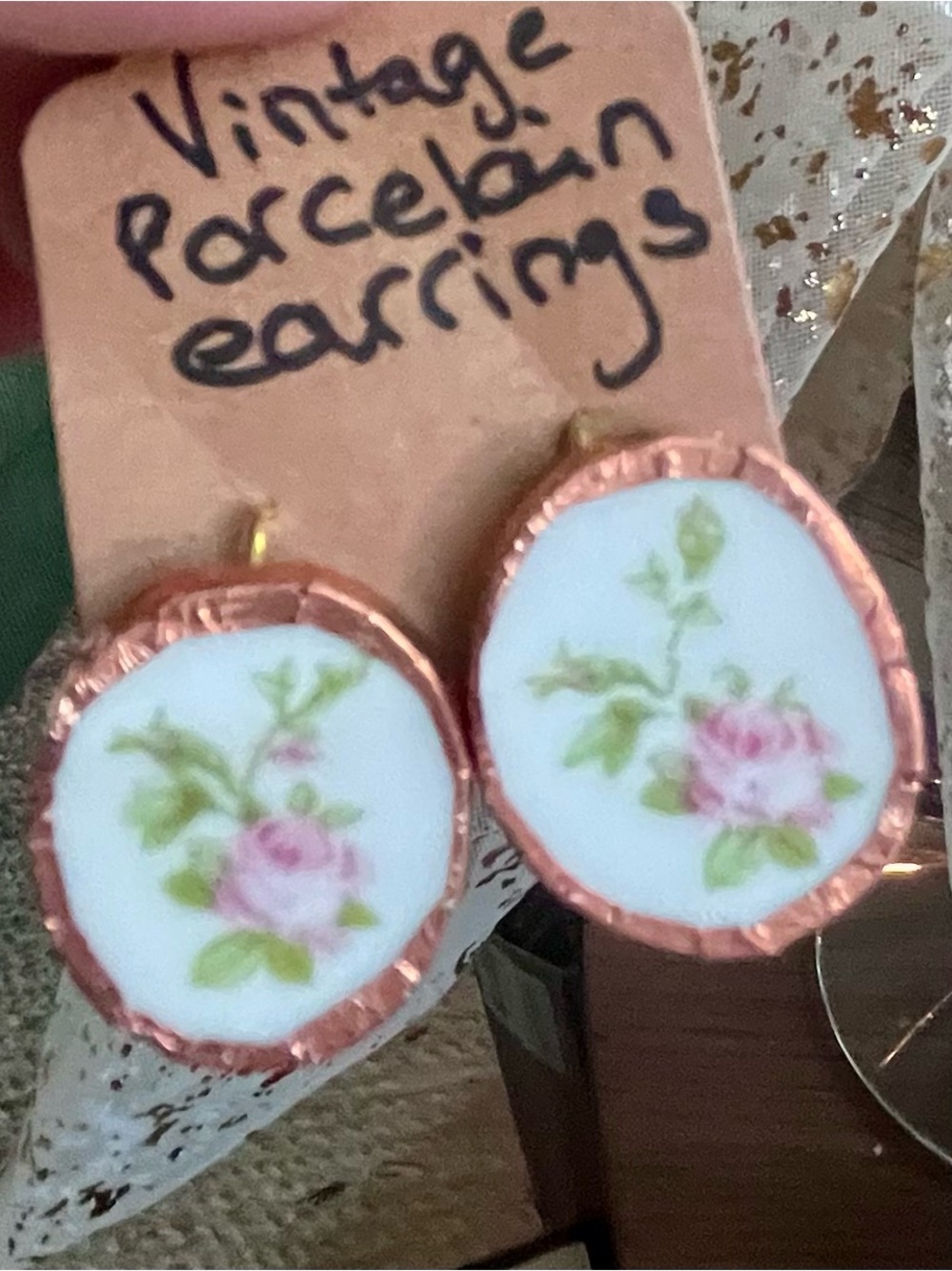 Vintage Porcelain Floral Drop Earrings - Pink & Green